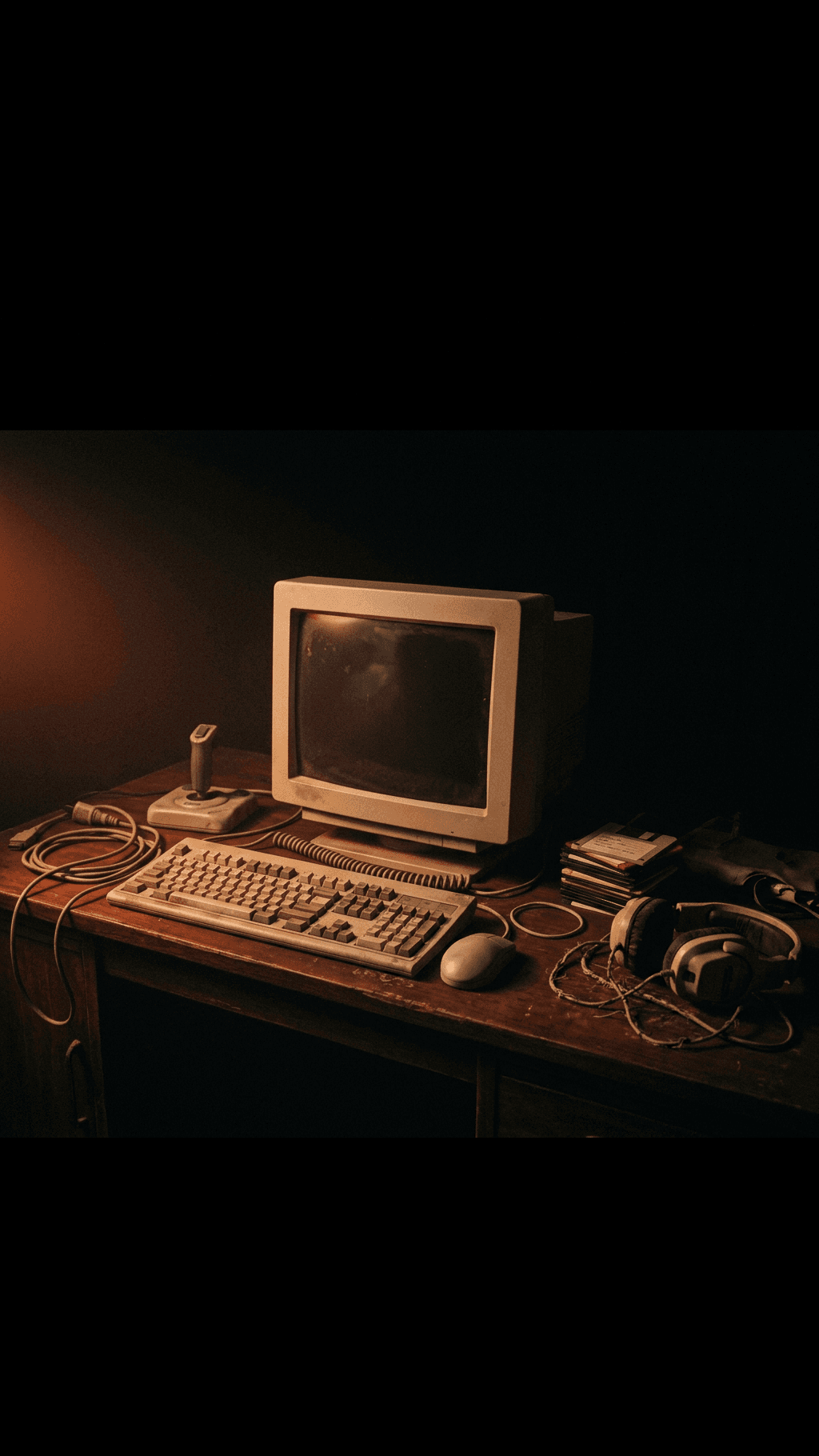 A 1980s breadbox home computer and a boxy CRT monitor on a dark desk, lit by a single warm rust light fading to absolute black.