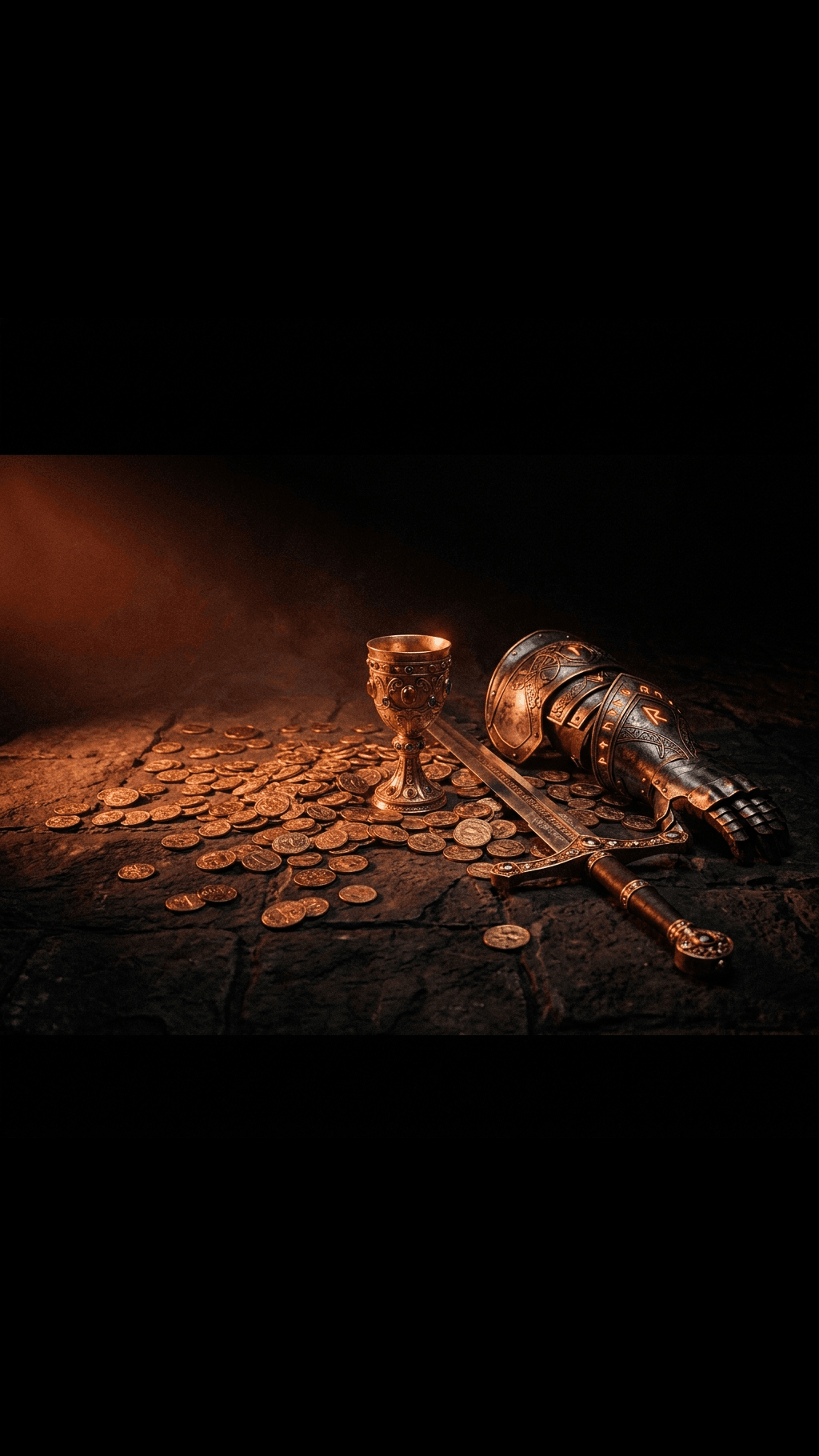 A worn open leather ledger beside a small brass balance scale, stacked coins, and an ornate piece of armour on a dark table, warm rust light.