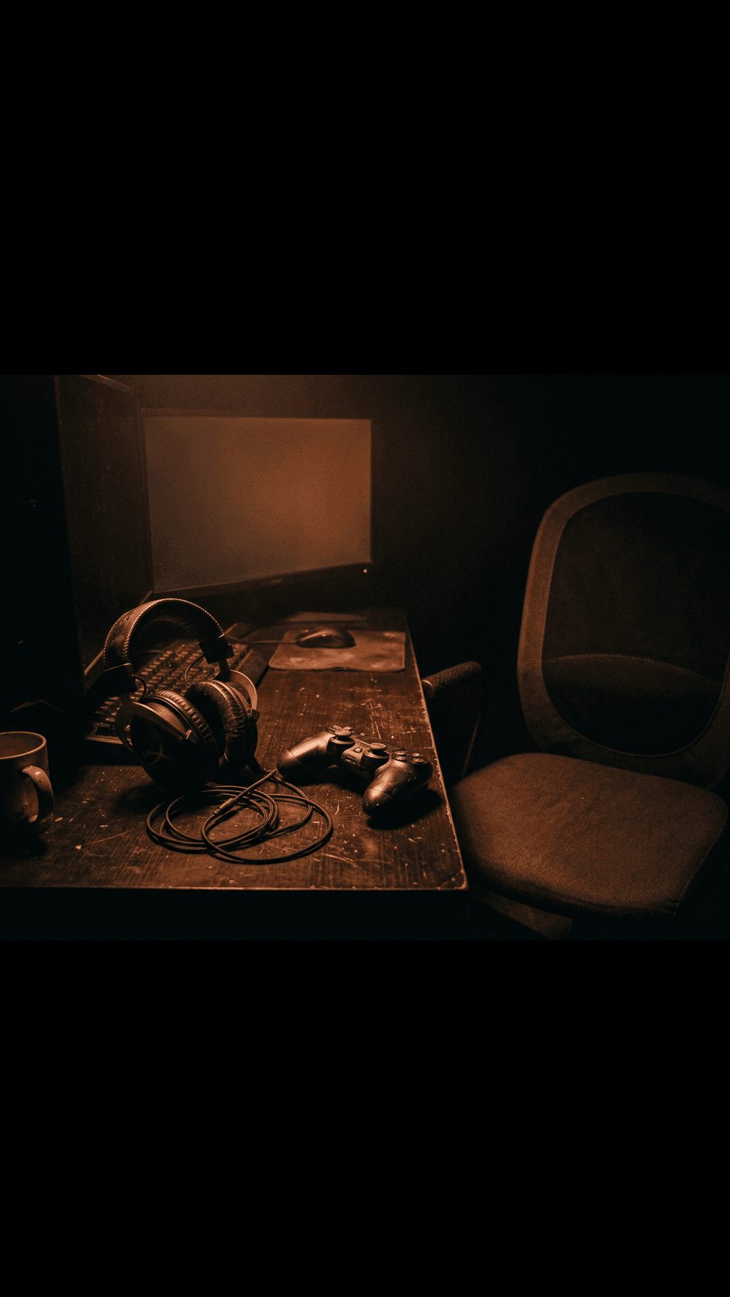 A single old CRT monitor glowing faint warm amber in a pitch-black room with an empty chair pushed back from the desk.
