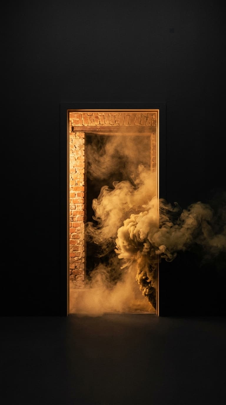 An arched doorway cut into a black brick wall, filled with thick brass-coloured smoke, lit by a single warm light.