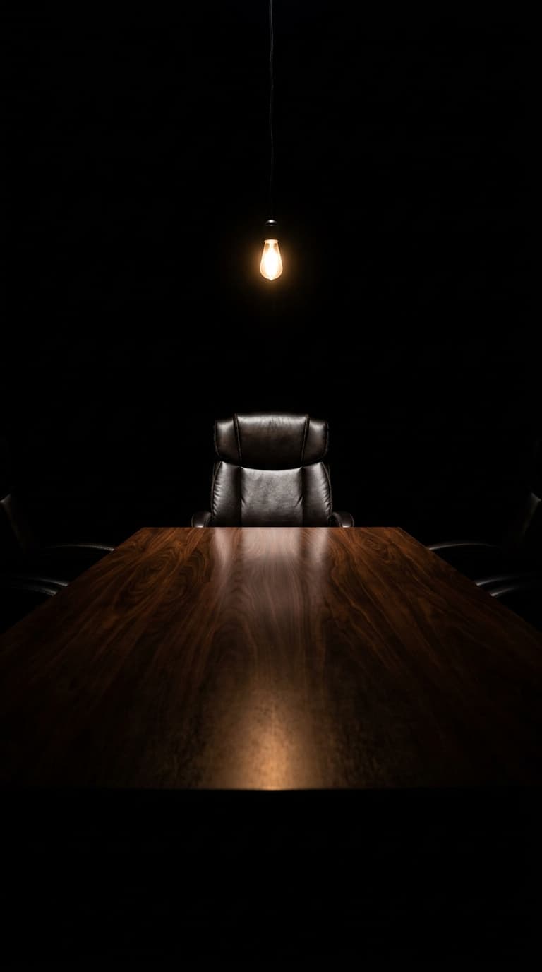 An empty antique leather chair at the head of a long dark conference table, single bare bulb above, room fading to black.