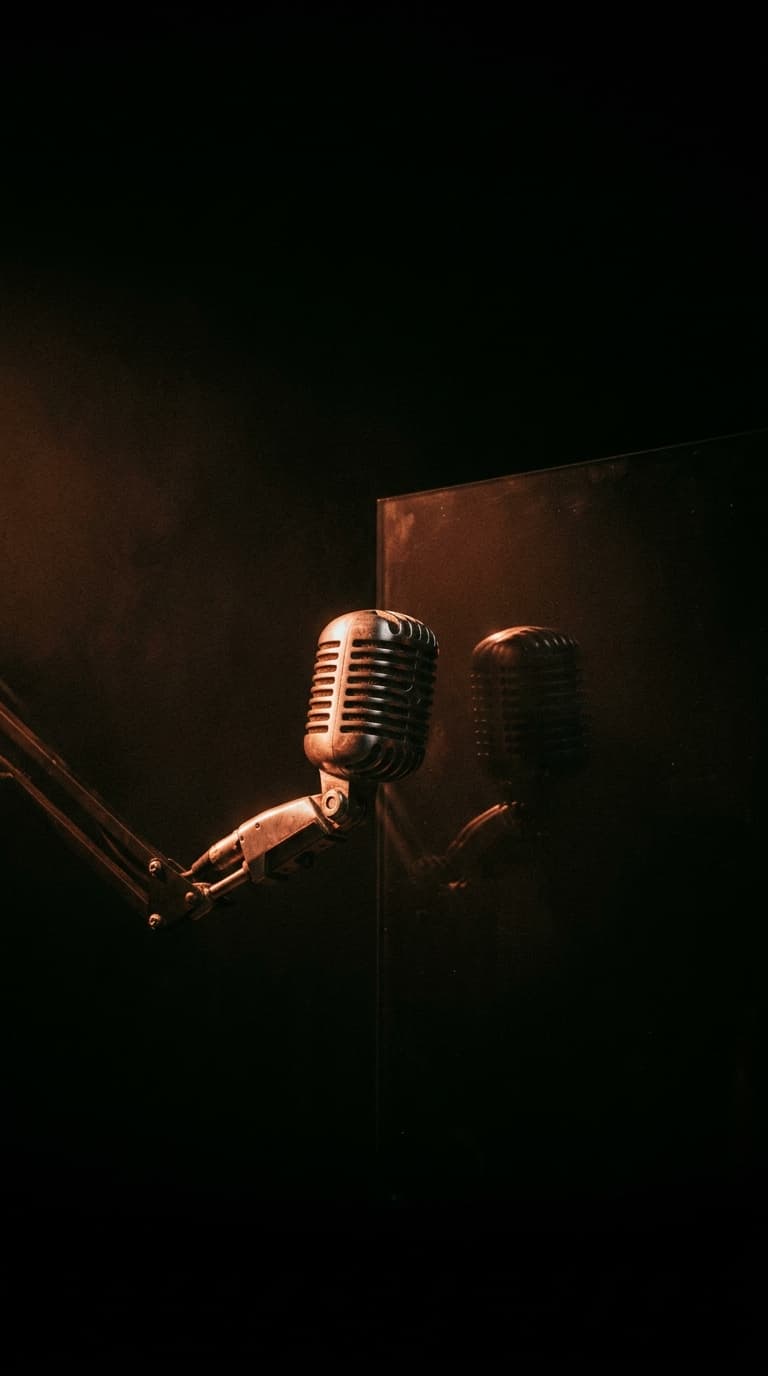A vintage broadcast microphone beside its reflection in dark glass; warm rust light, fading to black.