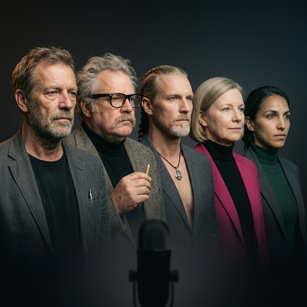Group portrait of the cast: FRITS, DINO, ORACLE, ANGELA, MARIE