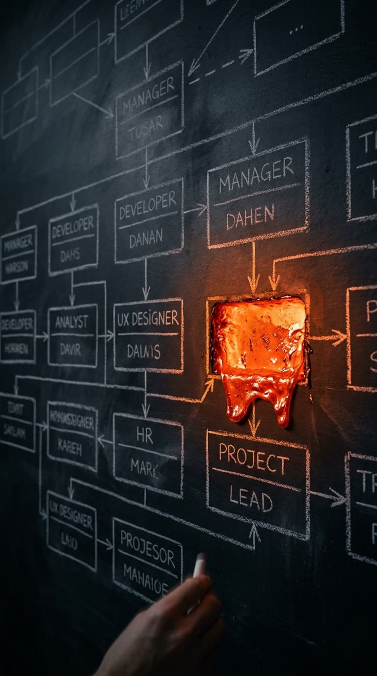 An organisational chart drawn in white chalk on a black slate wall, one box filled with glowing molten metal in Rotterdam-brick rust.