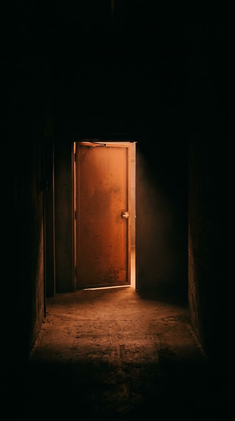 A heavy factory steel door standing ajar at the end of a dark corridor, one blade of warm rust light spilling through the gap across worn concrete.