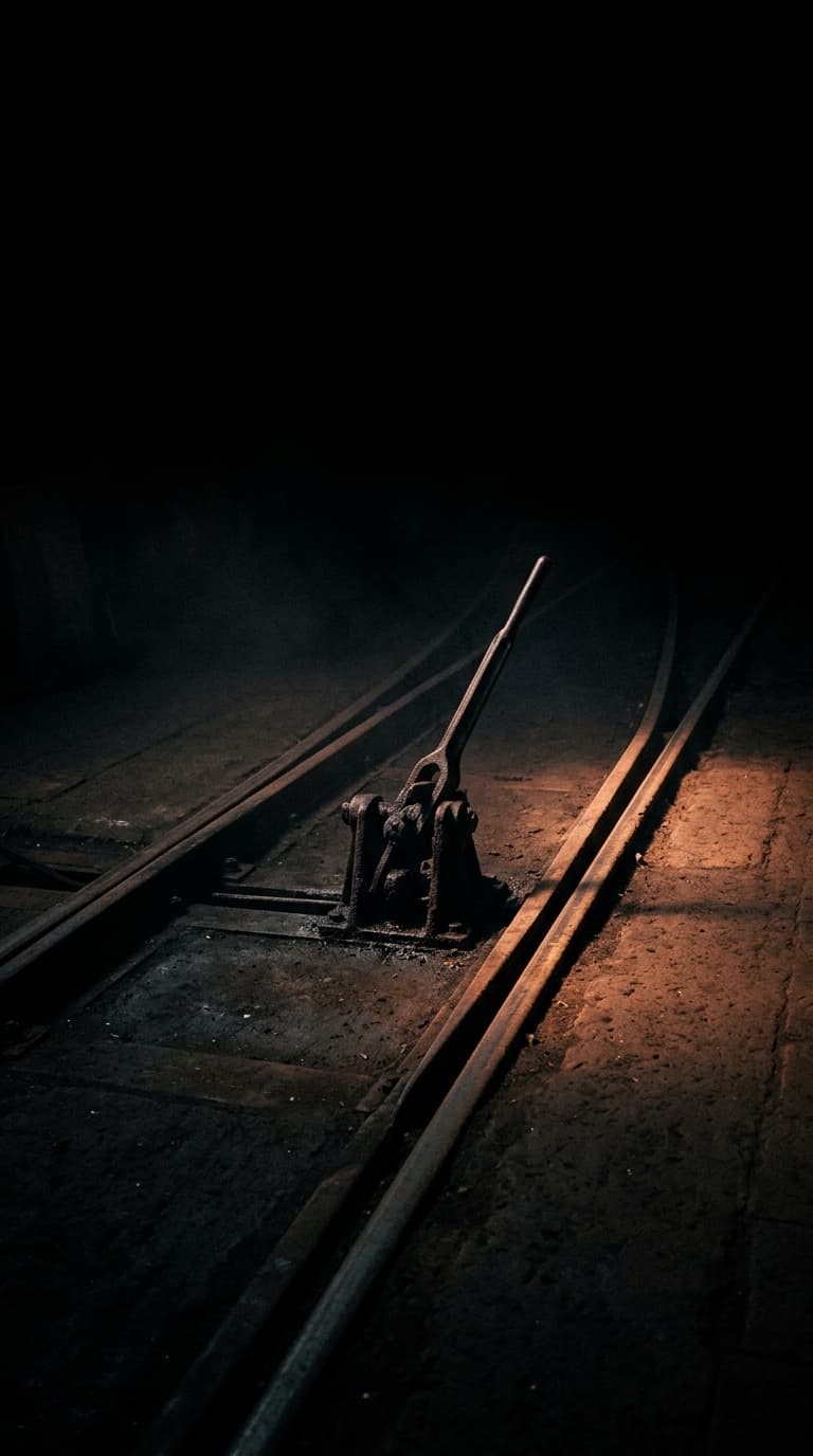 An industrial railway track-switch lever caught mid-throw beside two diverging rails on a dark foundry floor, warm light along the chosen rail.