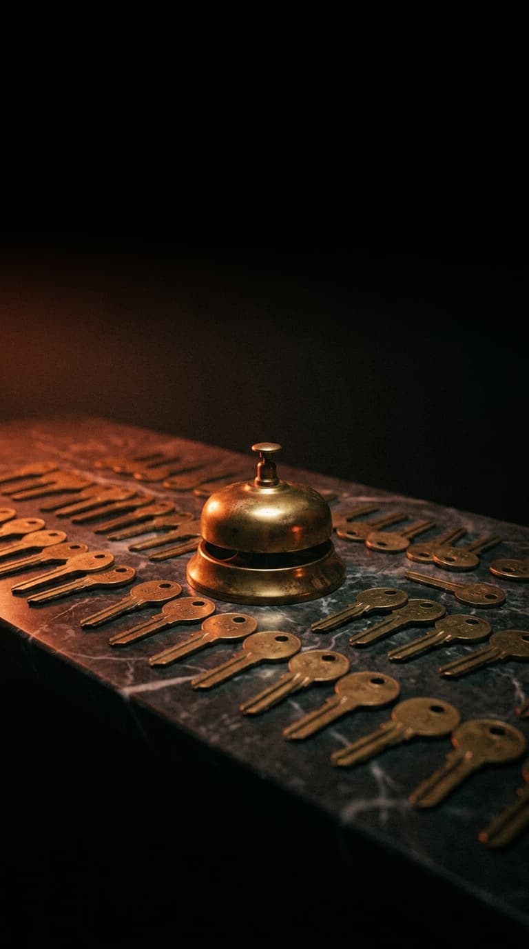 A brass hotel service bell on cold marble surrounded by rows of identical unclaimed room keys, one warm rust light raking low, edges dissolving to black.