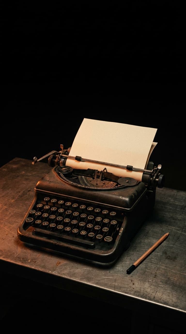 A single blank sheet rolled into a heavy vintage typewriter on an empty steel desk, one pencil beside it, warm rust light on the platen, black all around.