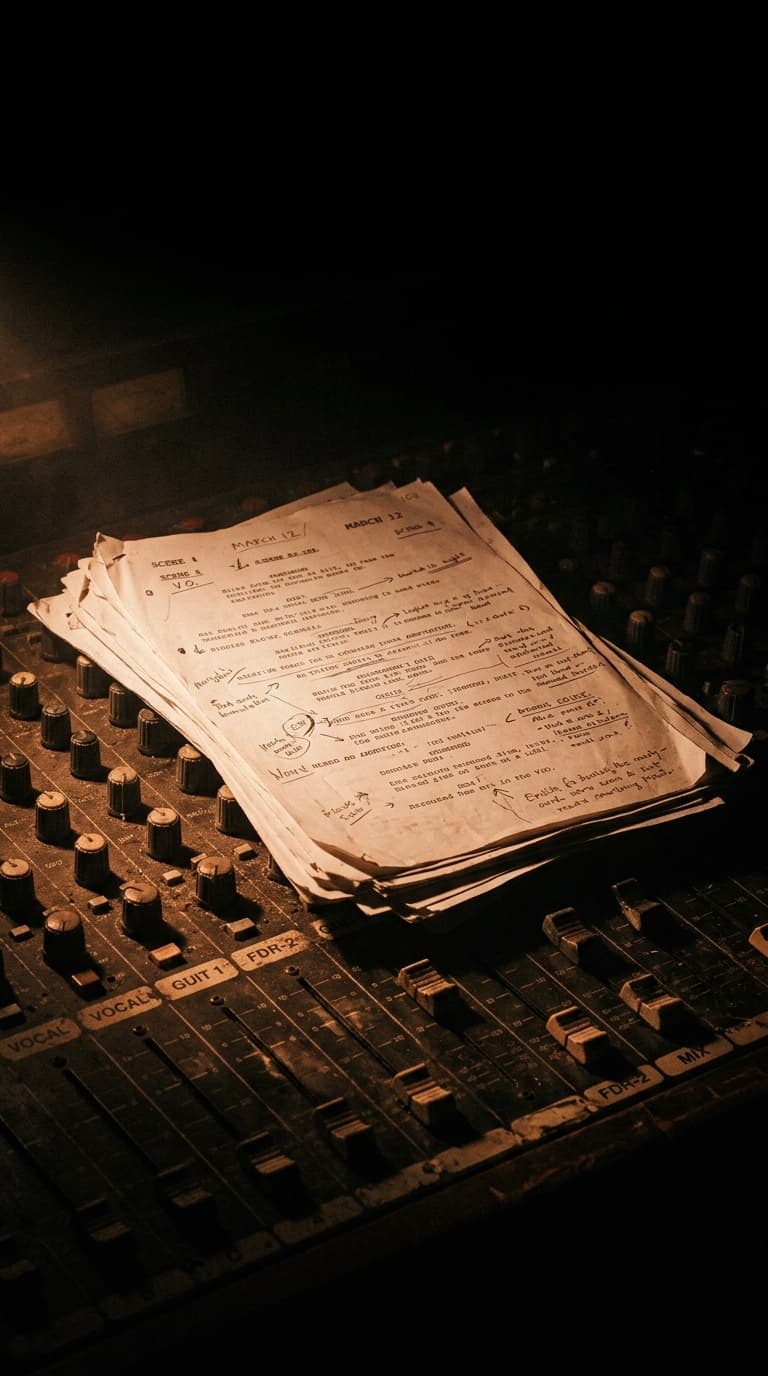 Marked-up script pages resting on the faders of an analogue mixing console, raked by warm rust light.