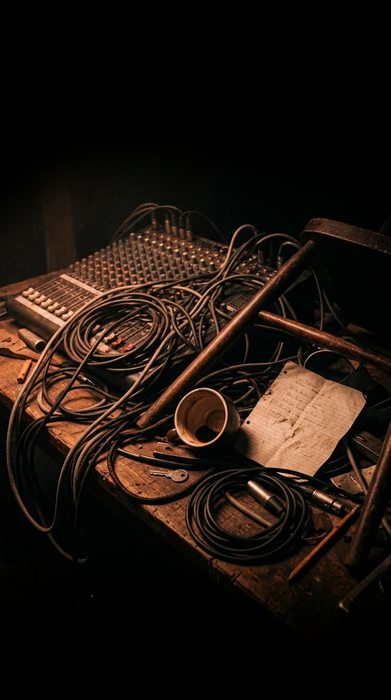 Patch cables tangled with foley objects — a chair leg, a coffee cup, crumpled paper — in warm rust light, fading to black.