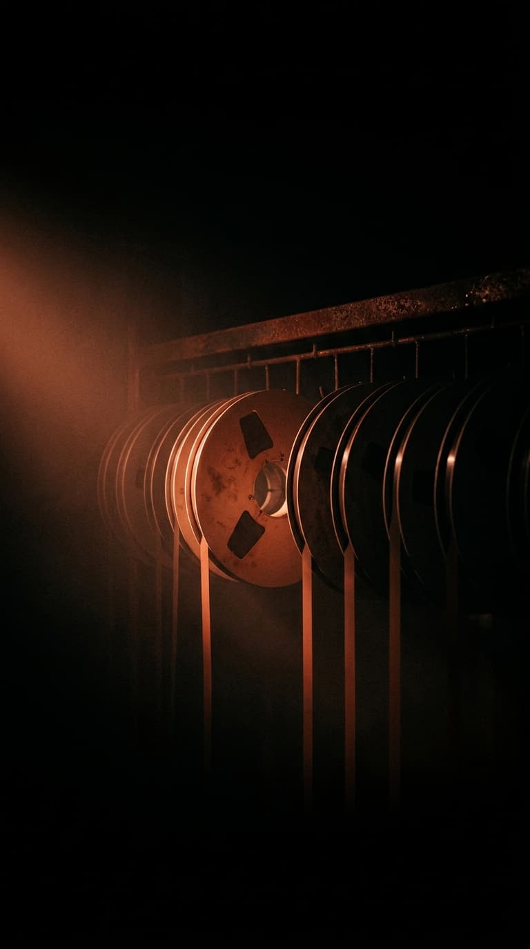 A row of identical tape reels in shadow with one pulled forward into warm light — the chosen take.