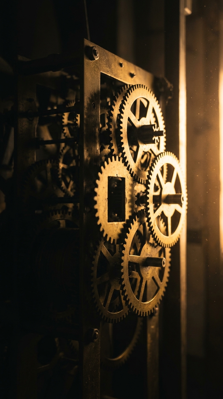 Antique clockwork mechanism in shadow with one gear conspicuously missing, brass rim-lit warm, fading to absolute black.