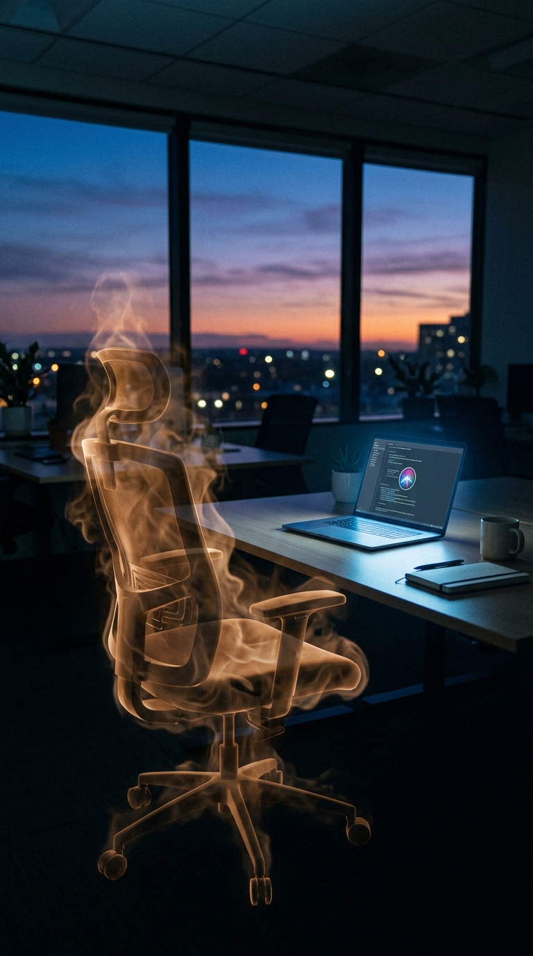 An empty office chair at a wooden desk at twilight, chair silhouette translucent from amber smoke, single laptop glow.
