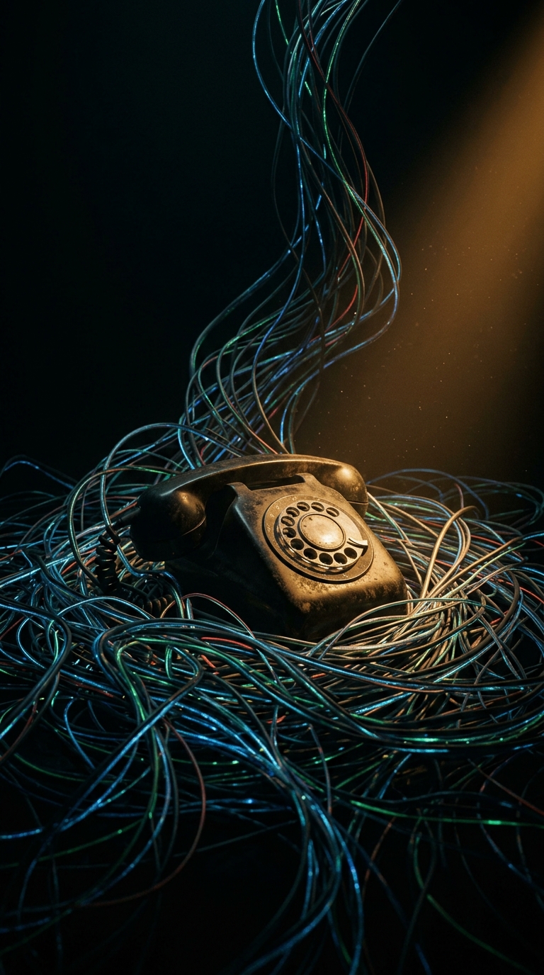 Vintage rotary telephone half-buried in fibre-optic cables, lit by a single warm Rotterdam-brick rust light, fading to absolute black.
