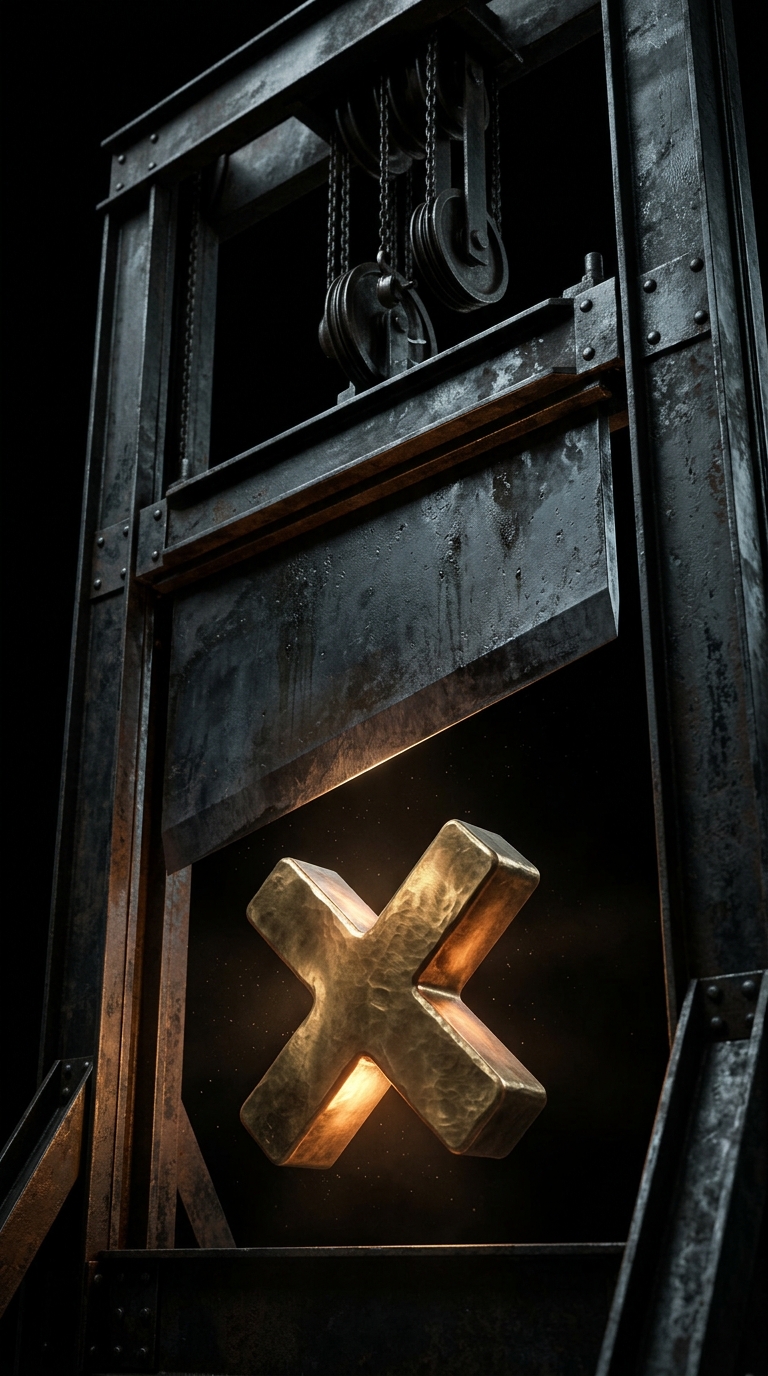 An industrial guillotine blade hovering over a glowing brass multiplication sign in dark space, foundry aesthetic.