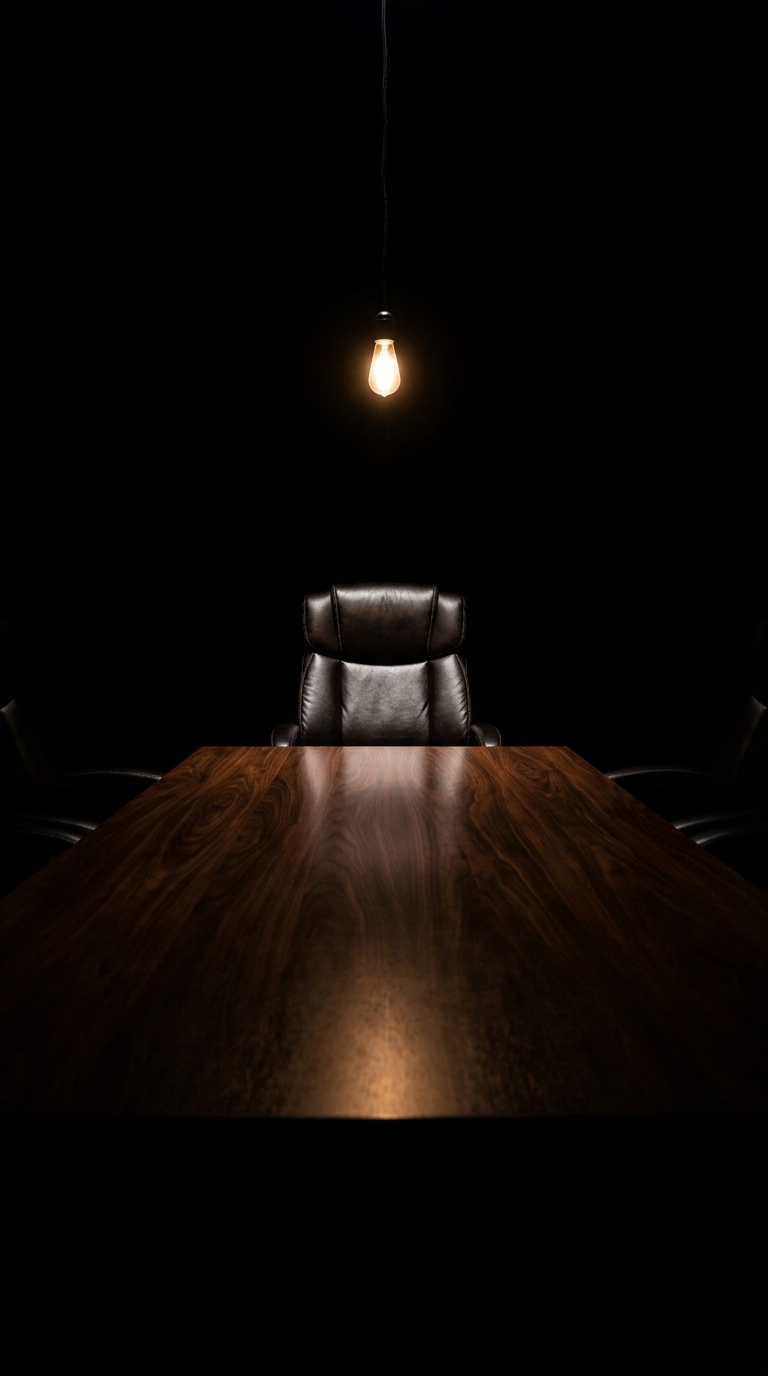 An empty antique leather chair at the head of a long dark conference table, single bare bulb above, room fading to black.