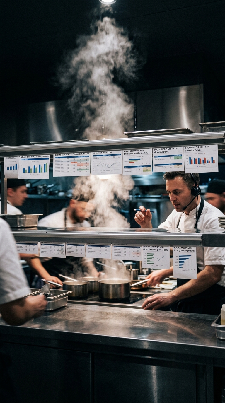 A Michelin restaurant pass with printed spreadsheet cells clipped to its rail instead of food orders, steam rising into black.