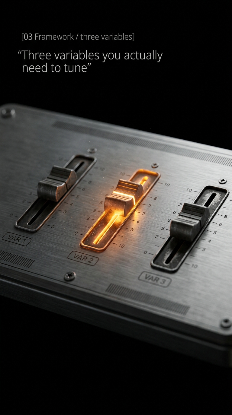 Three vintage industrial sliders on a brushed steel panel, only the middle one lit warm amber, edges fading to black.