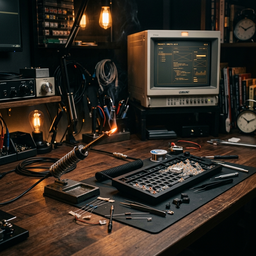 Desk-and-tinkering illustration — soldering iron, half-disassembled keyboard, a monitor in the corner with a half-finished prototype. Warm rim light, fading to black.