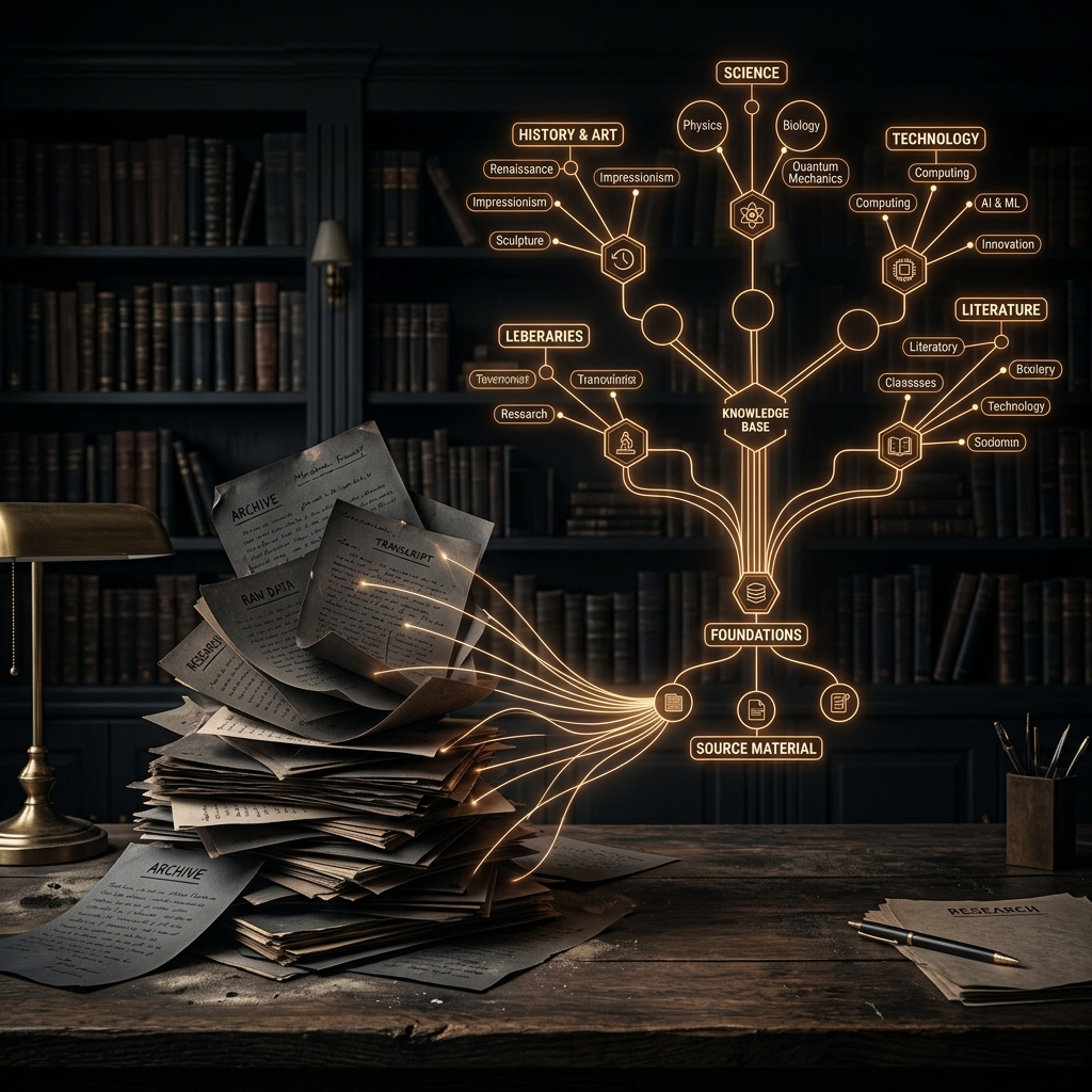 A jumbled stack of paper documents being pulled into a clean tree of nodes by faint lines of warm light. Library-meets-mindmap aesthetic.